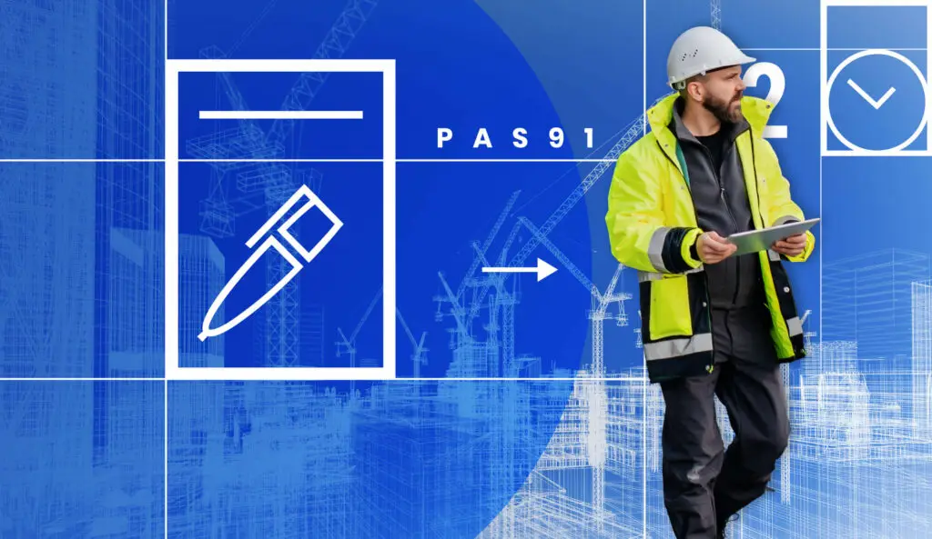 An infographic on a blue background with a man in a construction outfit and a white construction contract icon.